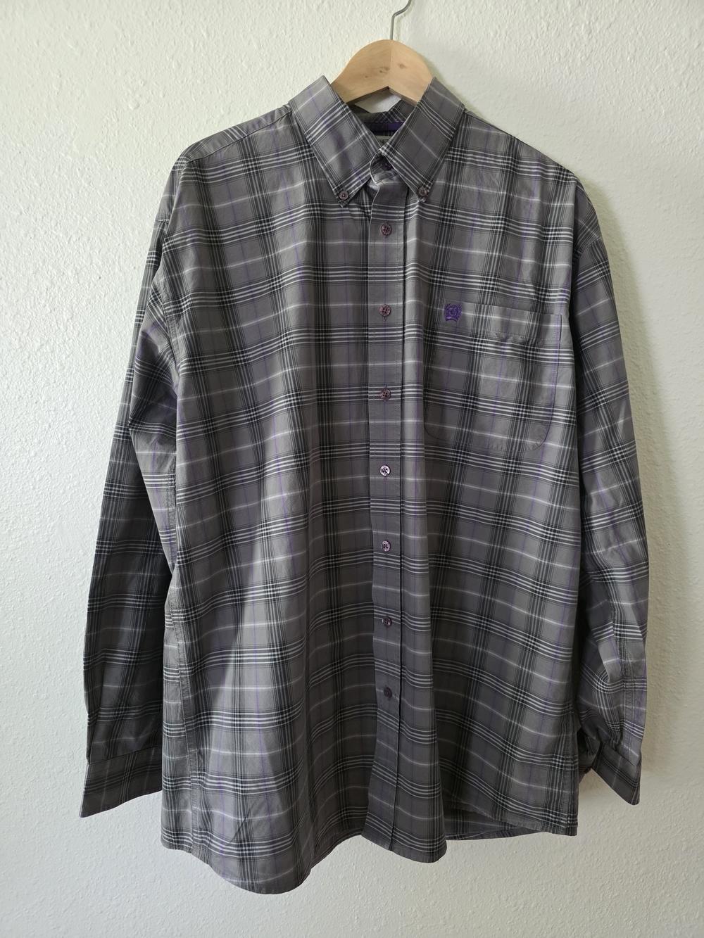 Cinch Gray Plaid Button-Up Shirt with Purple Accents